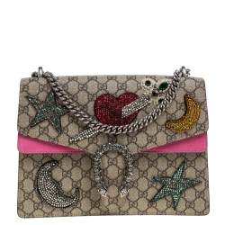 Pre Owned Gucci Pink/Beige GG Supreme Canvas and Suede Medium Crsytal Embellished Dionysus Shoulder Bag