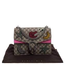 Pre Owned Gucci Pink/Beige GG Supreme Canvas and Suede Medium Crsytal Embellished Dionysus Shoulder Bag