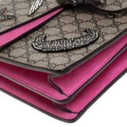 Pre Owned Gucci Pink/Beige GG Supreme Canvas and Suede Medium Crsytal Embellished Dionysus Shoulder Bag