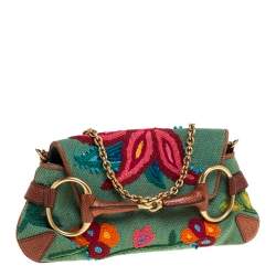 Gucci Multicolor Embroidered Fabric and Lizard Horsebit Chain Clutch