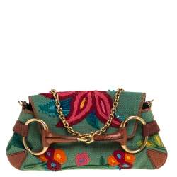 Gucci Multicolor Embroidered Fabric and Lizard Horsebit Chain Clutch