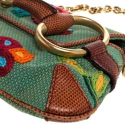 Gucci Multicolor Embroidered Fabric and Lizard Horsebit Chain Clutch