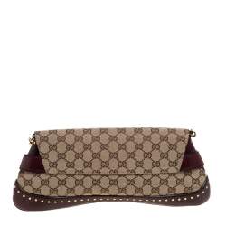 Gucci Beige/Burgundy GG Canvas and Leather Horsebit Studded Chain Clutch