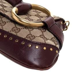 Gucci Beige/Burgundy GG Canvas and Leather Horsebit Studded Chain Clutch