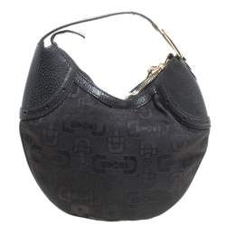 Pre Owned حقيبة هوبو غوتشي غليم جلد وكانفاس طباعة هورسبيت سوداء