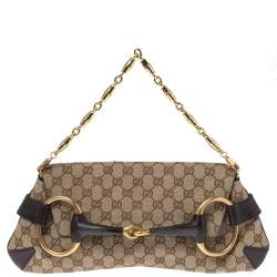 Pre Owned Gucci Beige/Brown GG Canvas Horsebit Chain Clutch