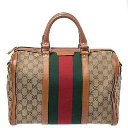 Gucci Vintage Bee Web Boston GG Canvas Stripe Handbag Brown Medium Tote Bag