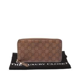 Pre Owned Gucci Tan Guccissima Leather Bamboo Tassel Zip Around Organizer Wallet
