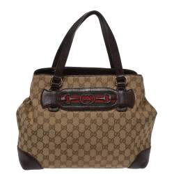 مملوكة مسبقًا Gucci Beige/Brown GG Canvas and Leather Medium Supreme Web Dressage Tote