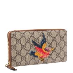 Gucci Beige GG Supreme Coated Canvas Bird Zip Around Wallet