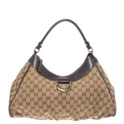 مملوكة مسبقًا Gucci Beige/Brown GG Canvas and Leather D Ring Hobo