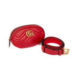 Pre Owned Gucci Red Leather GG Marmont Belt Bag