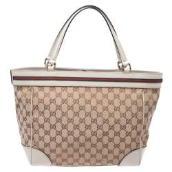 Pre Owned Gucci Beige/Cream GG Canvas and Leather Mayfair Web Tote 