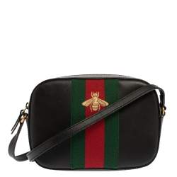 Pre Owned Gucci Black Leather Webby Bee Shoulder Bag