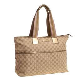 مملوكة مسبقًا حقيبة يد غوتشي ديابر جلد وكانفاس جي جي  ذهبية/ بيج