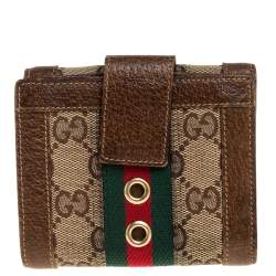 مملوكة مسبقًا محفظة غوتشي كومباكت ويب جلد وكانفاس جي جي بنية/ بيج
