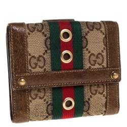 مملوكة مسبقًا محفظة غوتشي كومباكت ويب جلد وكانفاس جي جي بنية/ بيج