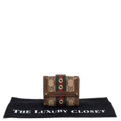 مملوكة مسبقًا محفظة غوتشي كومباكت ويب جلد وكانفاس جي جي بنية/ بيج