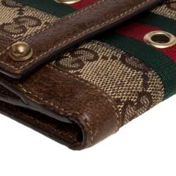 مملوكة مسبقًا محفظة غوتشي كومباكت ويب جلد وكانفاس جي جي بنية/ بيج