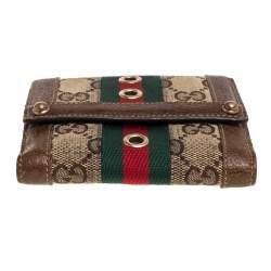 مملوكة مسبقًا محفظة غوتشي كومباكت ويب جلد وكانفاس جي جي بنية/ بيج
