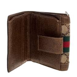 مملوكة مسبقًا محفظة غوتشي كومباكت ويب جلد وكانفاس جي جي بنية/ بيج