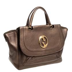 Pre Owned Gucci Metallic Brown Leather Medium 1973 Top Handle Tote Bag
