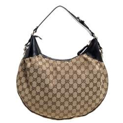 Pre Owned Gucci Beige/Black GG Canvas and Patent Leather Medium Full Moon Hobo