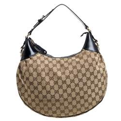 Pre Owned Gucci Beige/Black GG Canvas and Patent Leather Medium Full Moon Hobo