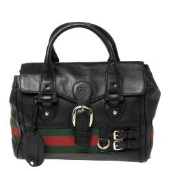 مملوكة مسبقًا Gucci Black Leather Heritage Web Boston Bag