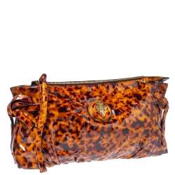 Pre Owned Gucci Brown Leopard Print Patent Leather Large Hysteria Clutch