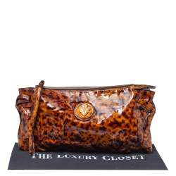 Pre Owned Gucci Brown Leopard Print Patent Leather Large Hysteria Clutch