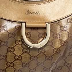 Pre Owned Gucci Gold GG Crystal Canvas and Leather D Ring Hobo