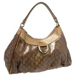 Pre Owned Gucci Gold GG Crystal Canvas and Leather D Ring Hobo