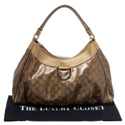 Pre Owned Gucci Gold GG Crystal Canvas and Leather D Ring Hobo