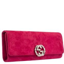 Pre Owned حقيبة كلتش غوتشي قفل كريستال جي جي برودواي سويدي وردية