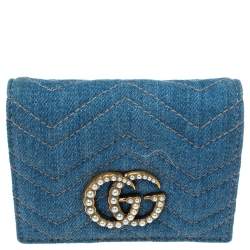 Pre Owned Gucci Blue Marmont GG Denim Limited Edition Pearl Flap Wallet