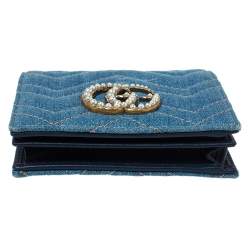 Pre Owned Gucci Blue Marmont GG Denim Limited Edition Pearl Flap Wallet