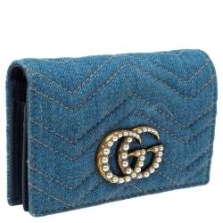 Pre Owned Gucci Blue Marmont GG Denim Limited Edition Pearl Flap Wallet
