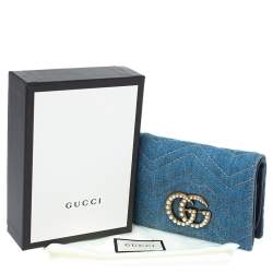 Pre Owned Gucci Blue Marmont GG Denim Limited Edition Pearl Flap Wallet