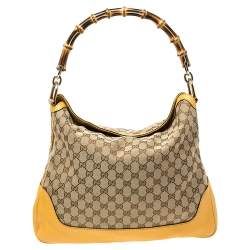 Pre Owned Gucci Beige/Yellow GG Canvas and Leather Bamboo Diana Shoulder Bag