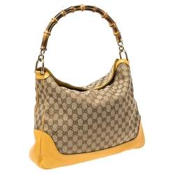 Pre Owned Gucci Beige/Yellow GG Canvas and Leather Bamboo Diana Shoulder Bag