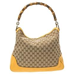 Pre Owned Gucci Beige/Yellow GG Canvas and Leather Bamboo Diana Shoulder Bag