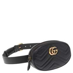 Pre Owned Gucci Black Matelassé Leather GG Marmont Belt Bag