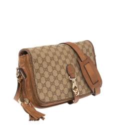 Pre Owned Gucci Beige/Brown GG Canvas and Leather Medium Marrakech Tassel Messenger Bag