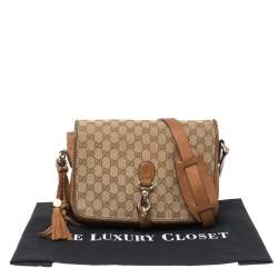 Pre Owned Gucci Beige/Brown GG Canvas and Leather Medium Marrakech Tassel Messenger Bag