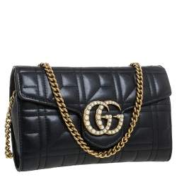مملوكة مسبقًا Gucci Black Matelasse Leather Mini GG Marmont Pearly Shoulder Bag