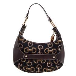 Pre Owned حقيبة غوتشي "امالفي هوبو" جلد و كانفاس مطبوع أسود و بني 