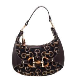 Pre Owned حقيبة غوتشي "امالفي هوبو" جلد و كانفاس مطبوع أسود و بني 