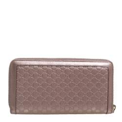 مملوكة مسبقًا Gucci Metallic Pink Guccissima Leather Interlocking G Zip Around Wallet   