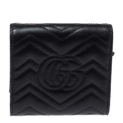 Pre Owned Gucci Black Matelasse Leather GG Marmont Card Case